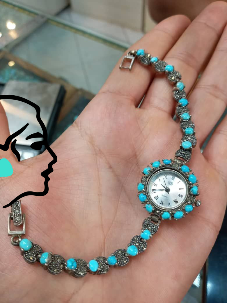 ساعت زنانه نقره فیروزه با سنگ فیروزه عجمی و درجه یک نیشابوری 2 ساعت زنانه نقره با سنگ فیروزه عجمی نیشابوری کد 116 - Image 1